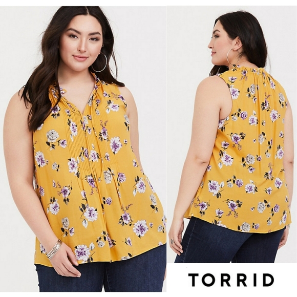 torrid Tops - Torrid Yellow Floral Challis Pintuck Tank Blouse